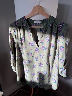Olive Green Floral V-Neck Blouse